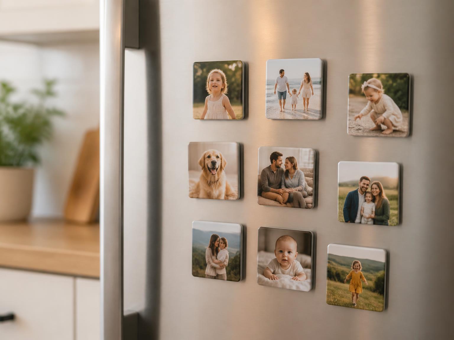 Custom photo magnets displayed on a kitchen refrigerator